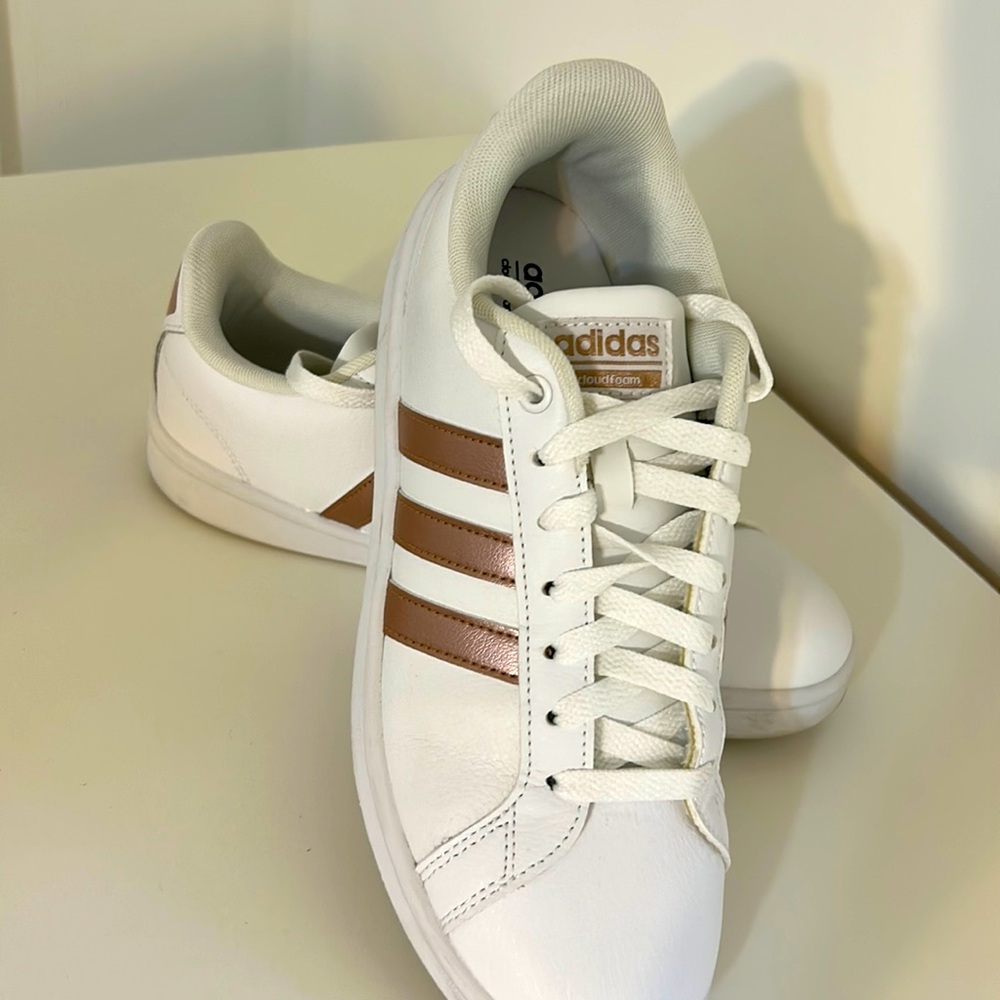 Adidas Cloudfoam Sneakers with rose gold stripe. Like new, worn twice. Size 7.5